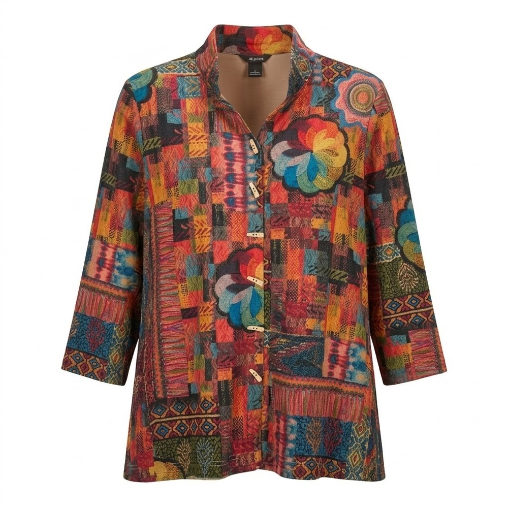 NEW Ali Miles Womens 2X Multi Red Patchwork Art to Wear Toggle Button Shirt